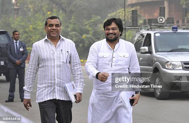 Paresh Rawal and Babul Supriyo, Minister of State for Urban Development, and for Housing and Urban Poverty Alleviation, after BJP Parliamentary board...