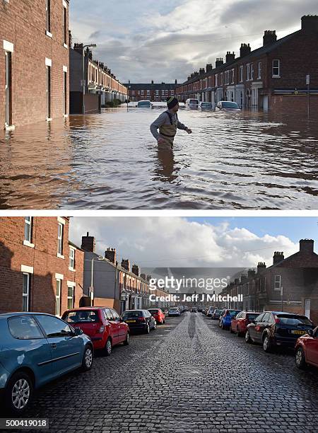 In this composite a comparison has been made between River Street photographed on December 6, 2015 and on December 8, 2015. CARLISLE, UNITED KINGDOM...