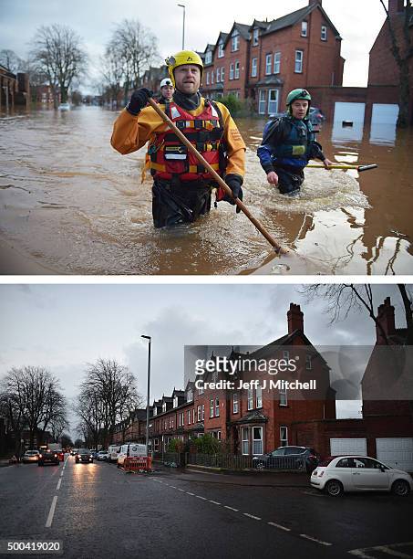 In this composite a comparison has been made between Warwick road photographed on December 6, 2015 and on December 8, 2015. CARLISLE, UNITED KINGDOM...