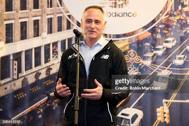 President and CEO Michael Capiraso speaks on stage during New Balance and New York Road Runners Announce Alliance during Press Conference at New...