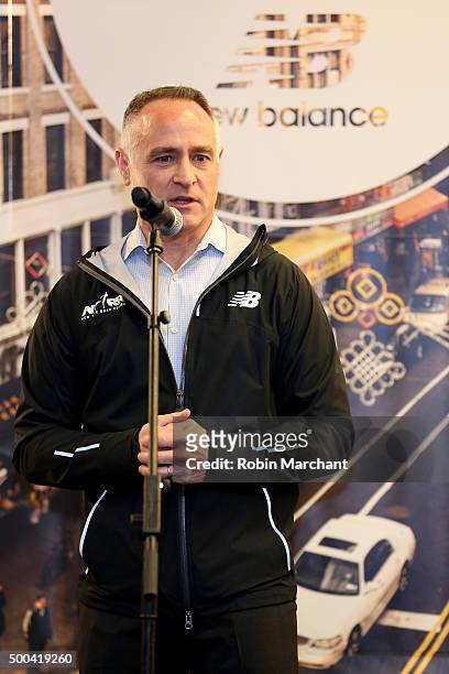 President and CEO Michael Capiraso speaks on stage during New Balance and New York Road Runners Announce Alliance during Press Conference at New...