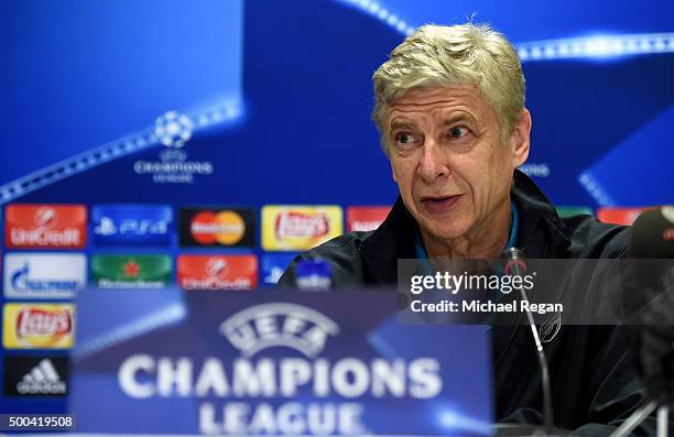 Arsene Wenger, manager of Arsenal attends an Arsenal press conference ahead of the UEFA Champions League match against Olympiacos at Athens...