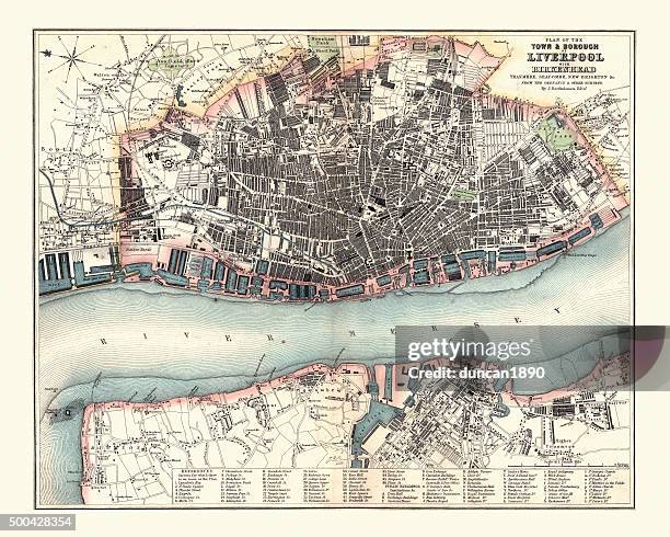 antquie map of liverpool, 1880 - merseyside map stock illustrations