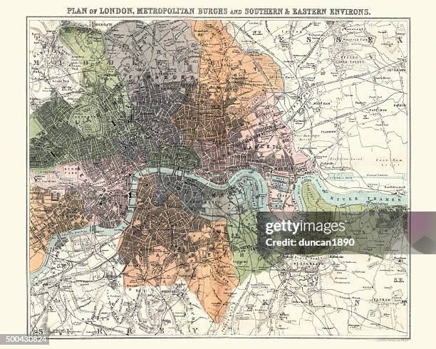 bildbanksillustrationer, clip art samt tecknat material och ikoner med antquie map of london, 1880 - greater london