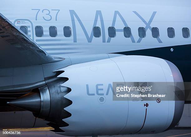 The first Boeing 737 MAX airliner, including fuel efficient LEAP engines, is pictured at the company's manufacturing plant, on December 8 in Renton,...