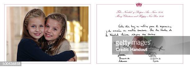 This handout image provided by the Spanish Royal Household shows the inside of the Royal Christmas Card featuring a photograph of Leonor, Princess of...