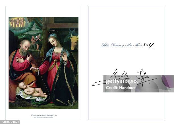 This handout image provided by the Spanish Royal Household shows the Royal Christmas card from King Juan Carlos and Queen Sofia, featuring a...