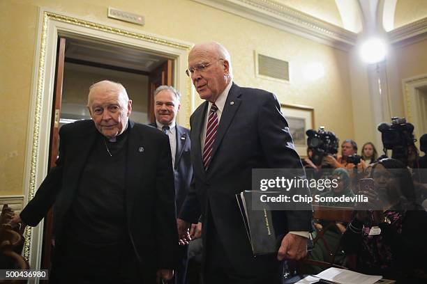 Sen. Patrick Leahy and Cardinal Theodore McCarrick arrive for a news conference with national religious leaders to respond to attempts at vilifying...