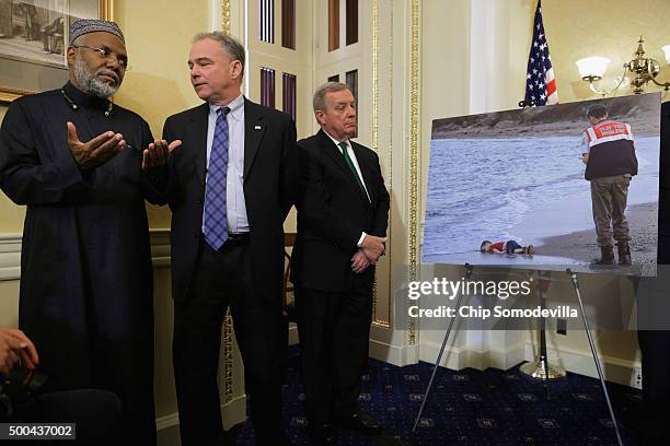 Imam Johari Abdul-Malik, Sen. Tim Kaine and Senate Democrat Whip Richard Durbin participate in a news conference to respond to attempts at vilifying...