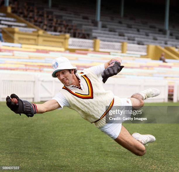 England wicketkeeper Bob Taylor wearing his trademark hat in action during nets during the 1982/83 Ashes tour to Australia