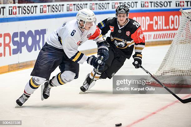 Juusi Ikonen of Karpat Oulu and Otso Rantakari of Espoo Blues during the Champions Hockey League quarter final between Karpat Oulu and Espoo Blues at...