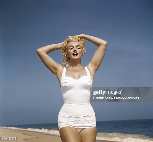 Marilyn Monroe on the beach in 1957 in Amagansett, New York.