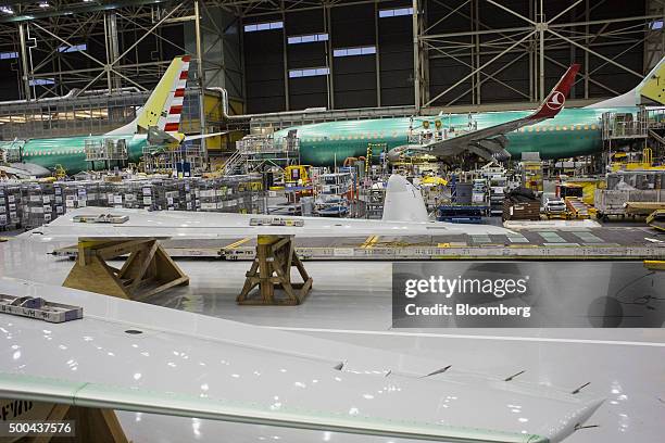Boeing Co. 737 airplanes stand on the production line at the company's manufacturing facility in Renton, Washington, U.S., on Monday, Dec. 7, 2015....