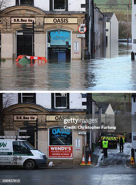 In this composite a comparison has been made between a scene in Cockermouth High Street photographed on December 6, 2015 and on December 8, 2015....