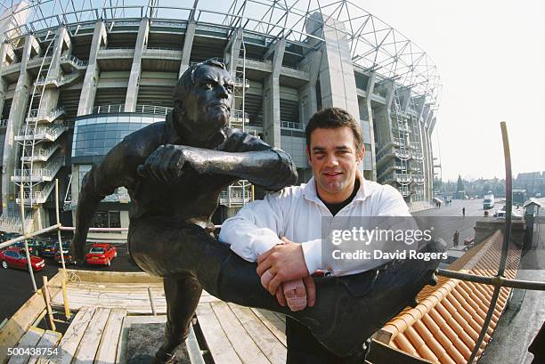 England captain Will Carling pictured next to the Spirit of Rugby kicker statue at Twickenham on March 17, 1995 in Twickenham, England.