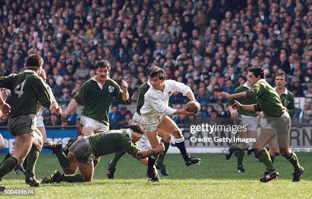 England flyhalf Rob Andrew in action during a Five Nations match between Ireland and England at Landsdowne Road on March 30, 1985 in Dublin, Ireland.