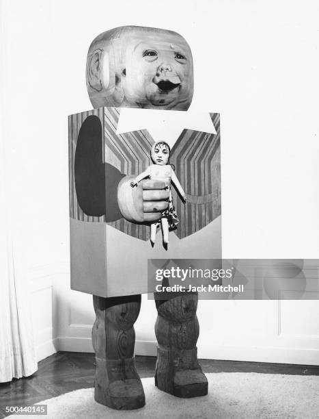 Sculpture by Marisol photographed in New York City in 1967.