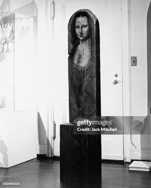 Sculpture of Mona Lisa by Marisol photographed in New York City in 1967.