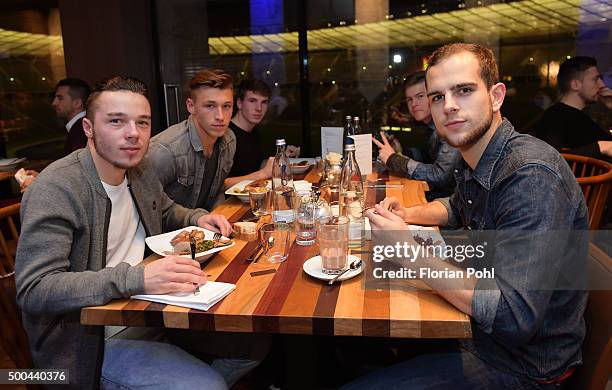 Yanni Regaesel, Nils-Jonathan Koerber and Marius Gersbeck of Hertha BSC during the Christmas party of Hertha BSC on December 8, 2015 in Berlin,...