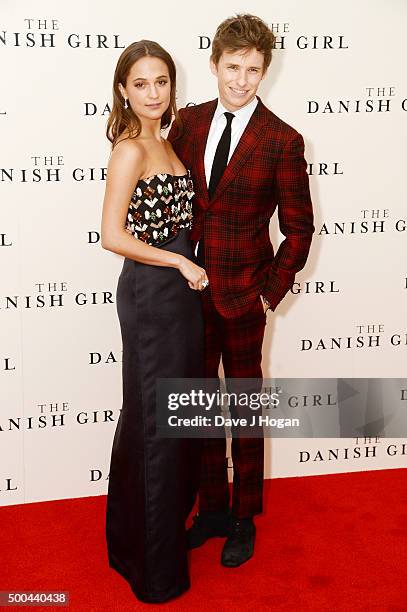 Eddie Redmayne and Alicia Vikander attend the UK Film Premiere of "The Danish Girl" on December 8, 2015 in London, United Kingdom.