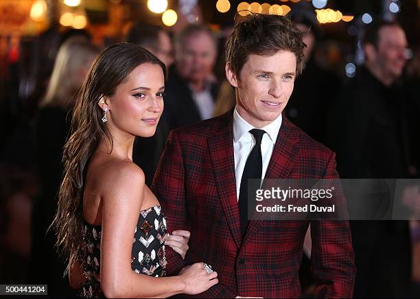 Eddie Redmayne and Alicia Vikander attend the UK Premiere of "The Danish Girl" at Odeon Leicester Square on December 8, 2015 in London, England.