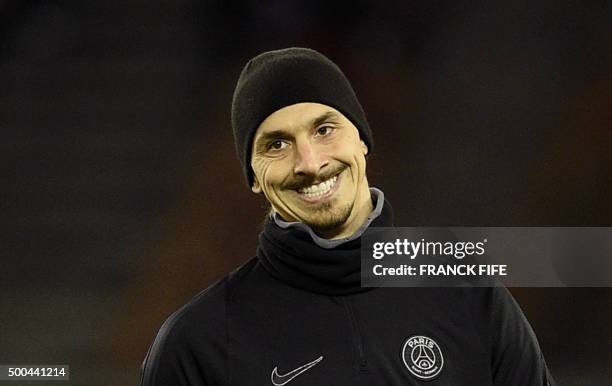 Paris Saint-Germain's Swedish forward Zlatan Ibrahimovic warms up prior to the UEFA Champions League Group A football match between...