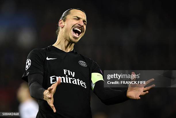 Paris Saint-Germain's Swedish forward Zlatan Ibrahimovic reacts during the UEFA Champions League Group A football match between Paris-Saint-Germain...