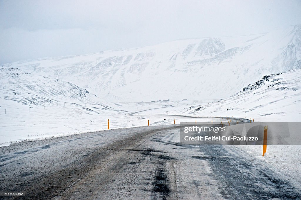 Snowy and Winding road at Budardalur in Snæfellsnes peninsula, Iceland