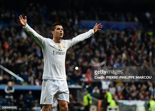 Real Madrid's Portuguese forward Cristiano Ronaldo celebrates after scoring during the UEFA Champions League Group A football match Real Madrid CF vs...