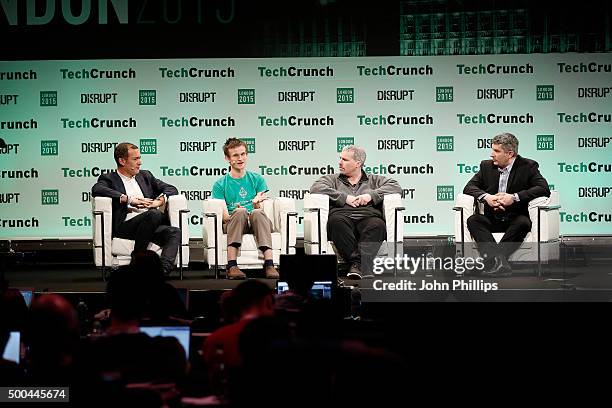 Steve Waterhouse, Vitalik Buterin, Austin Hill and John Biggs during TechCrunch Disrupt London 2015 - Day 2 at Copper Box Arena on December 8, 2015...