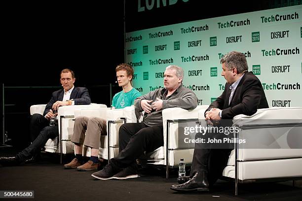 Steve Waterhouse, Vitalik Buterin, Austin Hill and John Biggs during TechCrunch Disrupt London 2015 - Day 2 at Copper Box Arena on December 8, 2015...