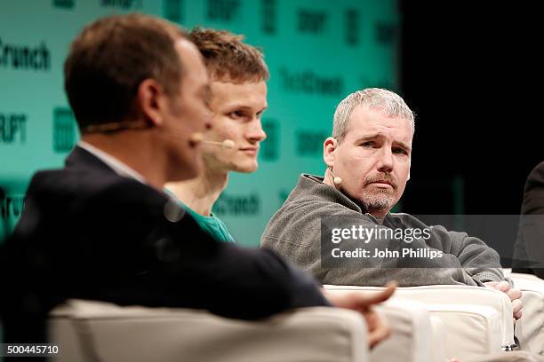 Steve Waterhouse, Vitalik Buterin and Austin Hill during TechCrunch Disrupt London 2015 - Day 2 at Copper Box Arena on December 8, 2015 in London,...