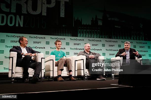 Steve Waterhouse, Vitalik Buterin, Austin Hill and John Biggs during TechCrunch Disrupt London 2015 - Day 2 at Copper Box Arena on December 8, 2015...