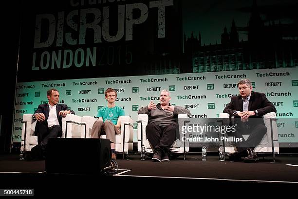 Steve Waterhouse, Vitalik Buterin, Austin Hill and John Biggs during TechCrunch Disrupt London 2015 - Day 2 at Copper Box Arena on December 8, 2015...