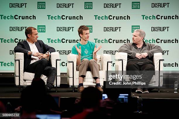 Steve Waterhouse, Vitalik Buterin and Austin Hill during TechCrunch Disrupt London 2015 - Day 2 at Copper Box Arena on December 8, 2015 in London,...