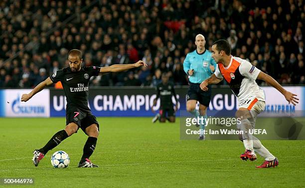 Lucas scores the opening goal for PSG during the UEFA Champions League Group A match between Paris Saint-Germain and FC Shakhtar Donetsk at Parc des...