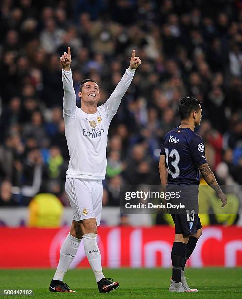 Cristiano Ronaldo of Real Madrid celebrates after scoring Real's 5th goal during the UEFA Champions League Group A match between Real Madrid CF and...