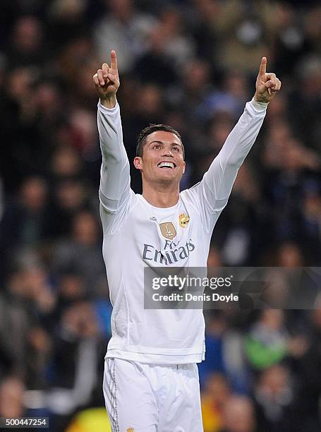 Cristiano Ronaldo of Real Madrid celebrates after scoring Real's 5th goal during the UEFA Champions League Group A match between Real Madrid CF and...