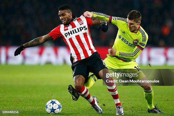 Jurgen Locadia of PSV is tackled and fouled by Kirill Nababkin of CSKA during the group B UEFA Champions League match between PSV Eindhoven and CSKA...