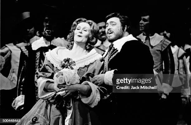 Luciano Pavarotti and Joan Sutherland starring in the Metropolitan Opera's 'I Puritani' photographed on February 25, 1975.