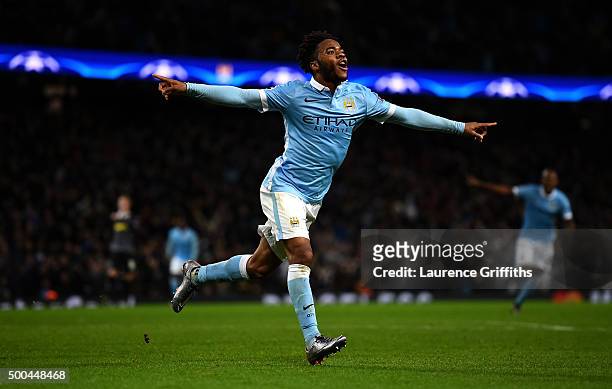 Raheem Sterling of Manchester City celebrates scoring his side's third goal during the UEFA Champions League Group D match between Manchester City...