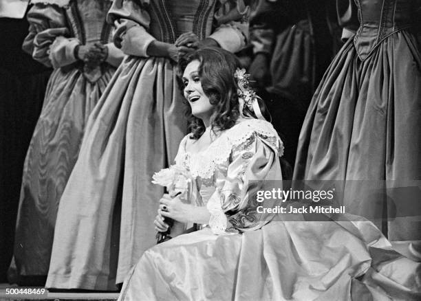 Luciano Pavarotti and Joan Sutherland starring in the Metropolitan Opera's 'I Puritani' photographed on February 25, 1975.