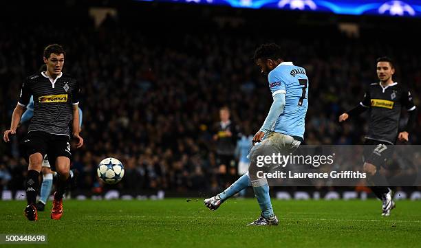 Raheem Sterling of Manchester City scores his side's third goal during the UEFA Champions League Group D match between Manchester City and Borussia...