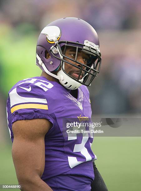 Antone Exum Jr. #32 of the Minnesota Vikings warms up prior to an NFL game against the Seattle Seahawks at TCF Bank Stadium December 6, 2015 in...