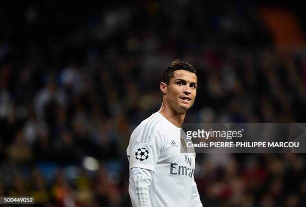 Real Madrid's Portuguese forward Cristiano Ronaldo smiles during the UEFA Champions League Group A football match Real Madrid CF vs Malmo FF at the...