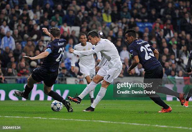 Cristiano Ronaldo of Real Madrid scores Real's 5th goal during the UEFA Champions League Group A match between Real Madrid CF and Malmo FF at the...