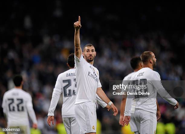 Karim Benzema of Real Madrid celebrates after scoring Real's 8th goal during the UEFA Champions League Group A match between Real Madrid CF and Malmo...