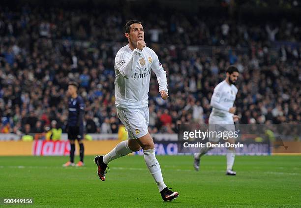 Cristiano Ronaldo of Real Madrid celebrates after scoring Real's 6th goal during the UEFA Champions League Group A match between Real Madrid CF and...