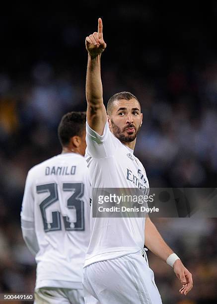 Karim Benzema of Real Madrid celebrates after scoring Real's 8th goal during the UEFA Champions League Group A match between Real Madrid CF and Malmo...