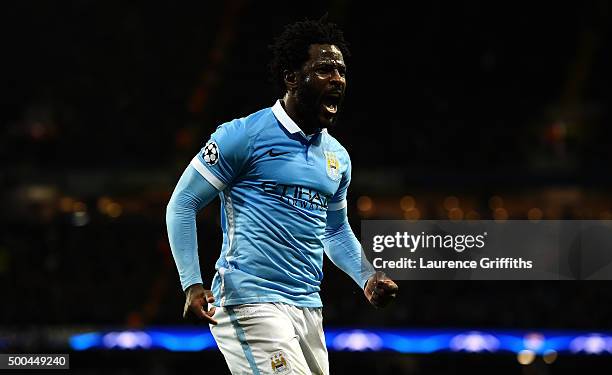 Wilfred Bony of Manchester City celebrates scoring his side's fourth goal during the UEFA Champions League Group D match between Manchester City and...